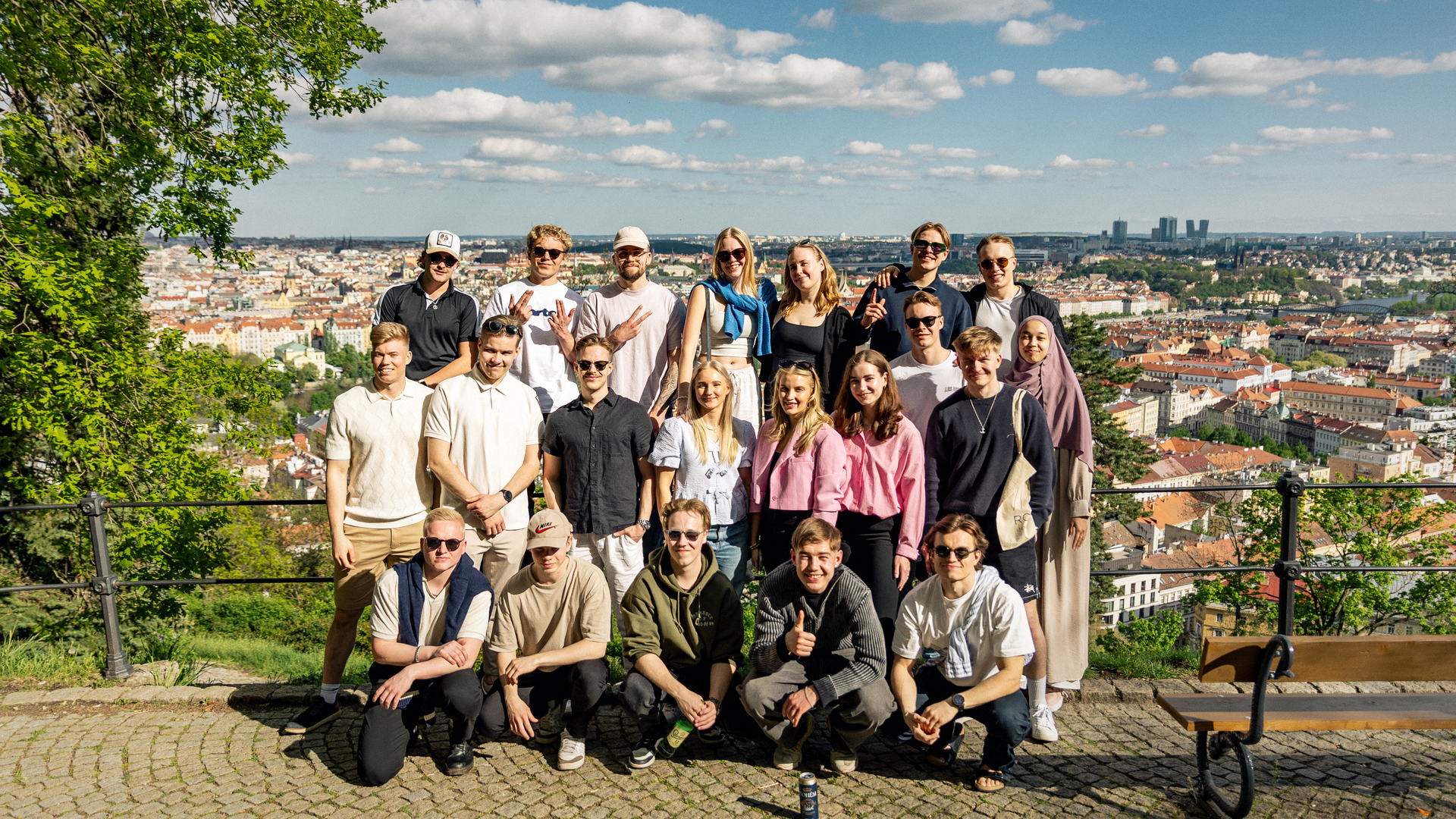 All twenty-one of us above the rooftops of Prague