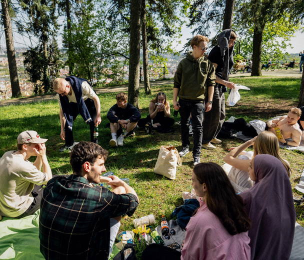 Ropinalaisia istumassa nurmikolla iltapäivän auringossa